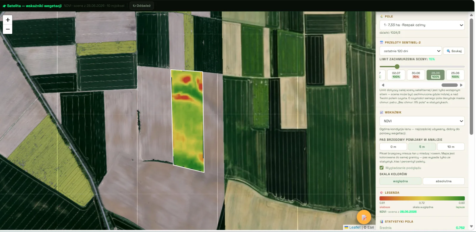 Wskaźnik NDVI z satelity Sentinel-2 dla pola